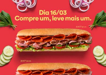 Nesta quinta-feira (16) no Subway de Nova Andradina; leve dois, pague um