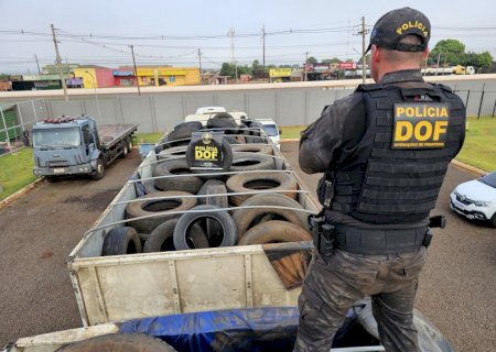 Pneus contrabandeados que seguiam para Goiás são apreendidos pelo DOF em Ponta Porã