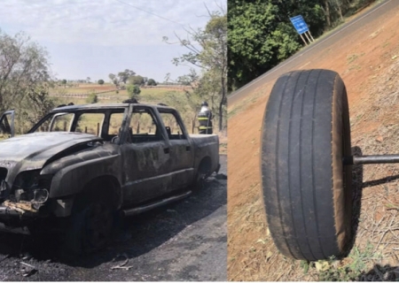 Caminhonete fica destruída por incêndio após roda se soltar na BR-376 em Fátima do Sul