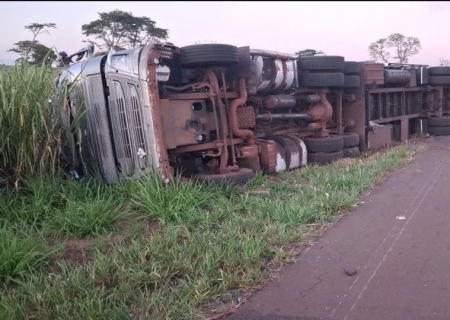 Caminhão carregado com carne tomba na BR-267, região de Bataguassu