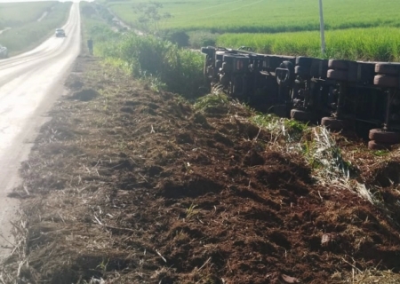 Duas carretas tombaram na MS-276 no trecho que liga Batayporã e Anaurilândia