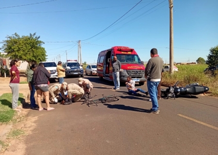 Criança de bicicleta e motociclista são arremessados após colisão no Jardim Universitário
