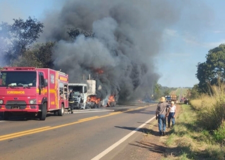 Caminhão-tanque pega fogo e fica destruído na MS-134, próximo à Usina Santa Helena