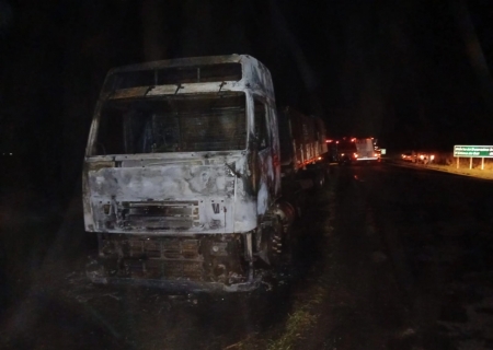 Caminhão pega fogo e chamas atingem vegetação na BR-376 em Ivinhema