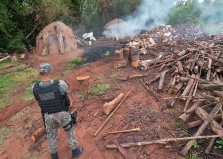 PMA de Amambai multa e paralisa carvoaria ilegal em área urbana de Coronel Sapucaia