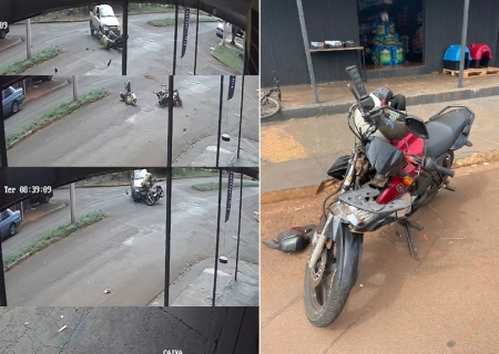 Vídeo: colisão entre picape e moto deixa ferido em cruzamento de Maracaju