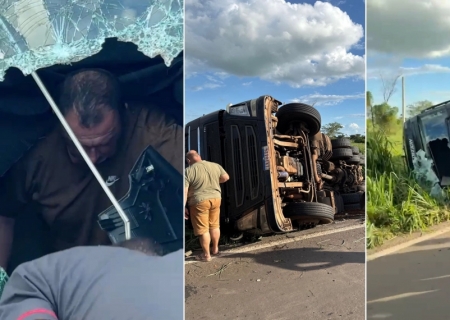 Carreta carregada com carne tomba na MS-276, em Batayporã