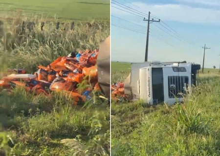 Caminhão carregado com ração tomba na MS-480 entre MS-276 e usina Sérgio Motta