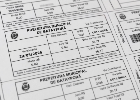 Batayporã prorroga vencimento da parcela única do IPTU 2026 para 29 de maio