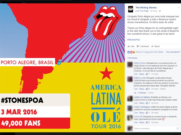 Stones fazem agradecimento a Porto Alegre após show - Foto: Reprodução