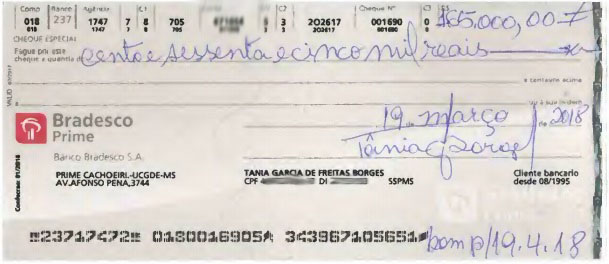 Cheque da desembargadora apreendido pelos promotores na casa de PM preso em opera&ccedil;&atilde;o &ndash; Foto: Reprodu&ccedil;&atilde;o
