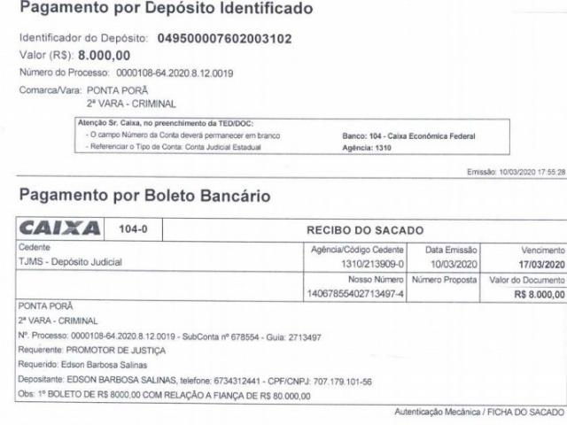 Comprovante de dep&oacute;sito da primeira parcela da fian&ccedil;a de R$ 80 mil imposta pelo TJ para soltura de Salinas Ryguasu - Foto: Reprodu&ccedil;&atilde;o