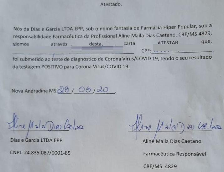 Cópia do teste positivo do custodiado - Foto: Jornal da Nova