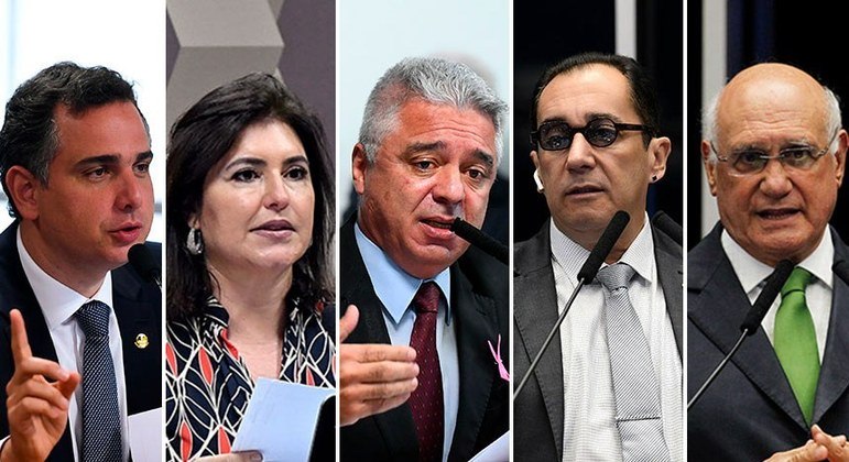 Os candidatos: Rodrigo Pacheco, Simone Tebet, Major Olimpio, Jorge Kajuru e Lasier Martins &ndash; Foto: Ag&ecirc;ncia Senado