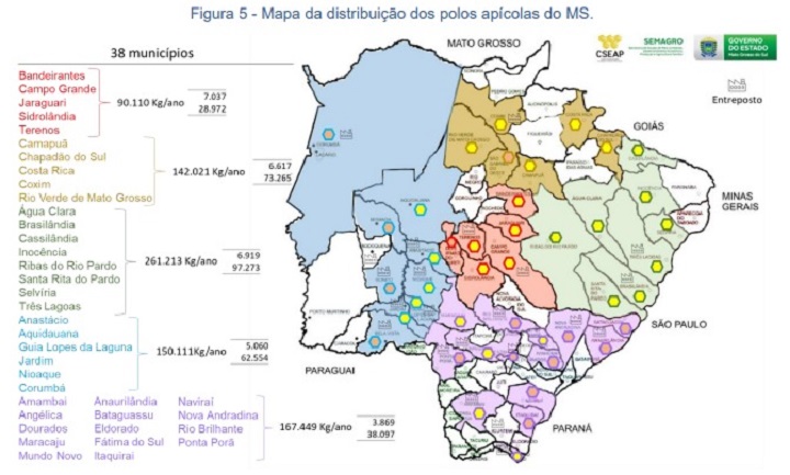 Mapa mostra como est&atilde;o distribu&iacute;das as ap&iacute;colas em MS - Foto: Sefaz/Divulga&ccedil;&atilde;o